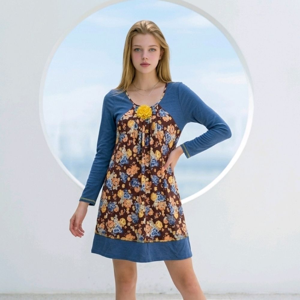 Bonnie Jean Girls Boho Floral Dress Brown Blue Long Sleeve Cottagecore 16 Teen